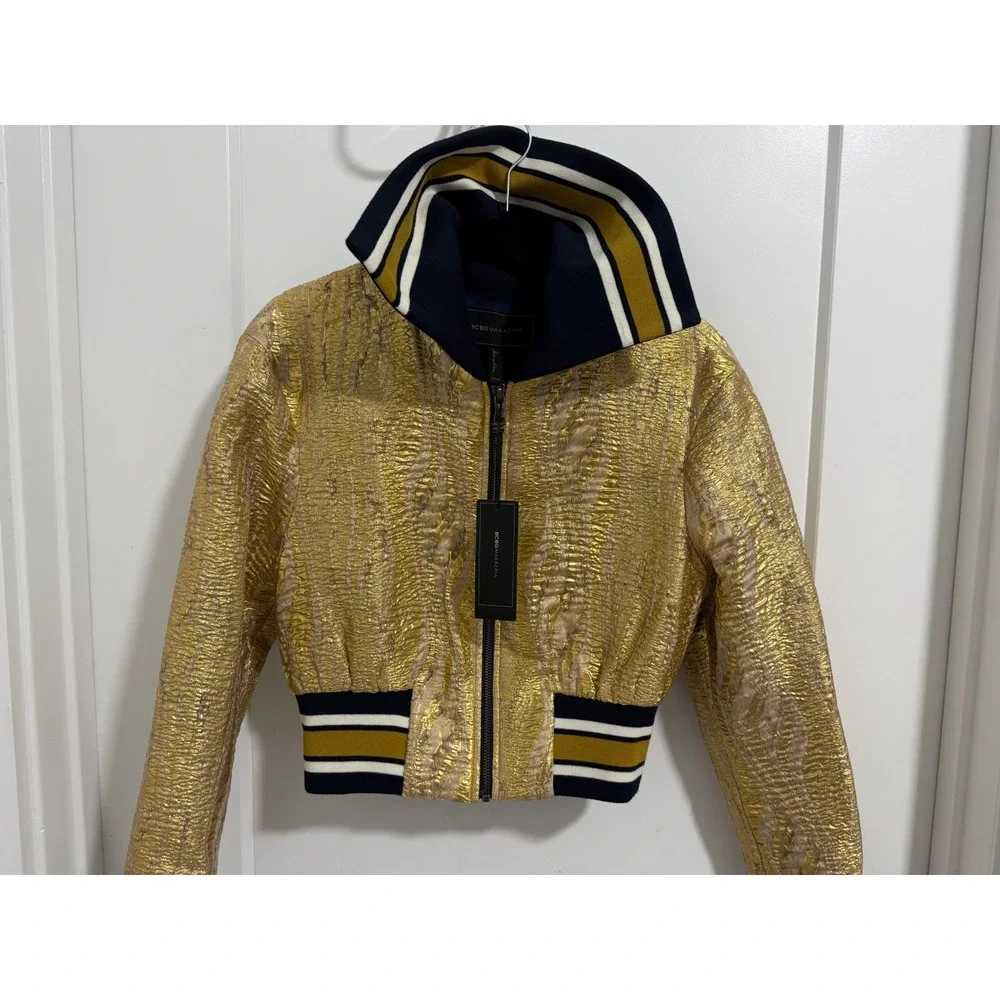 BCBGMAXAZRIA‎ Gold Metallic Bomber Jacket Varsity Striped Collar XXS NWT